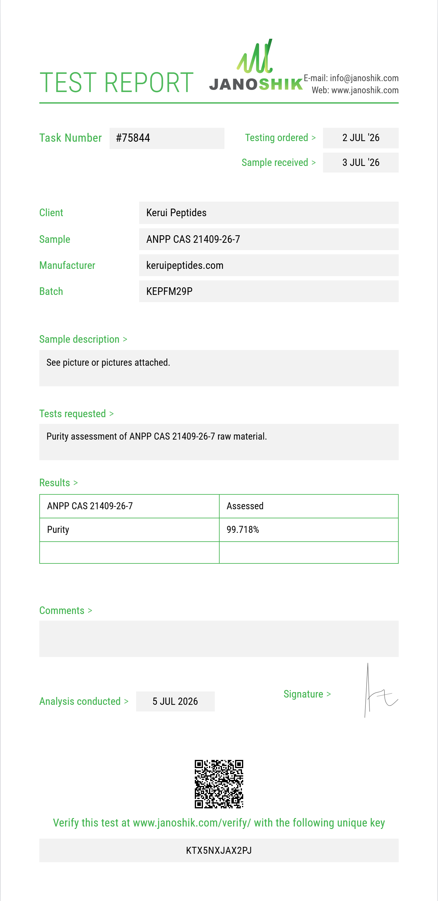 ANPP (4-anilino-N-phenethylpiperidine) CAS 21409-26-7 Purity (HPLC) report by Janoshik Analytical