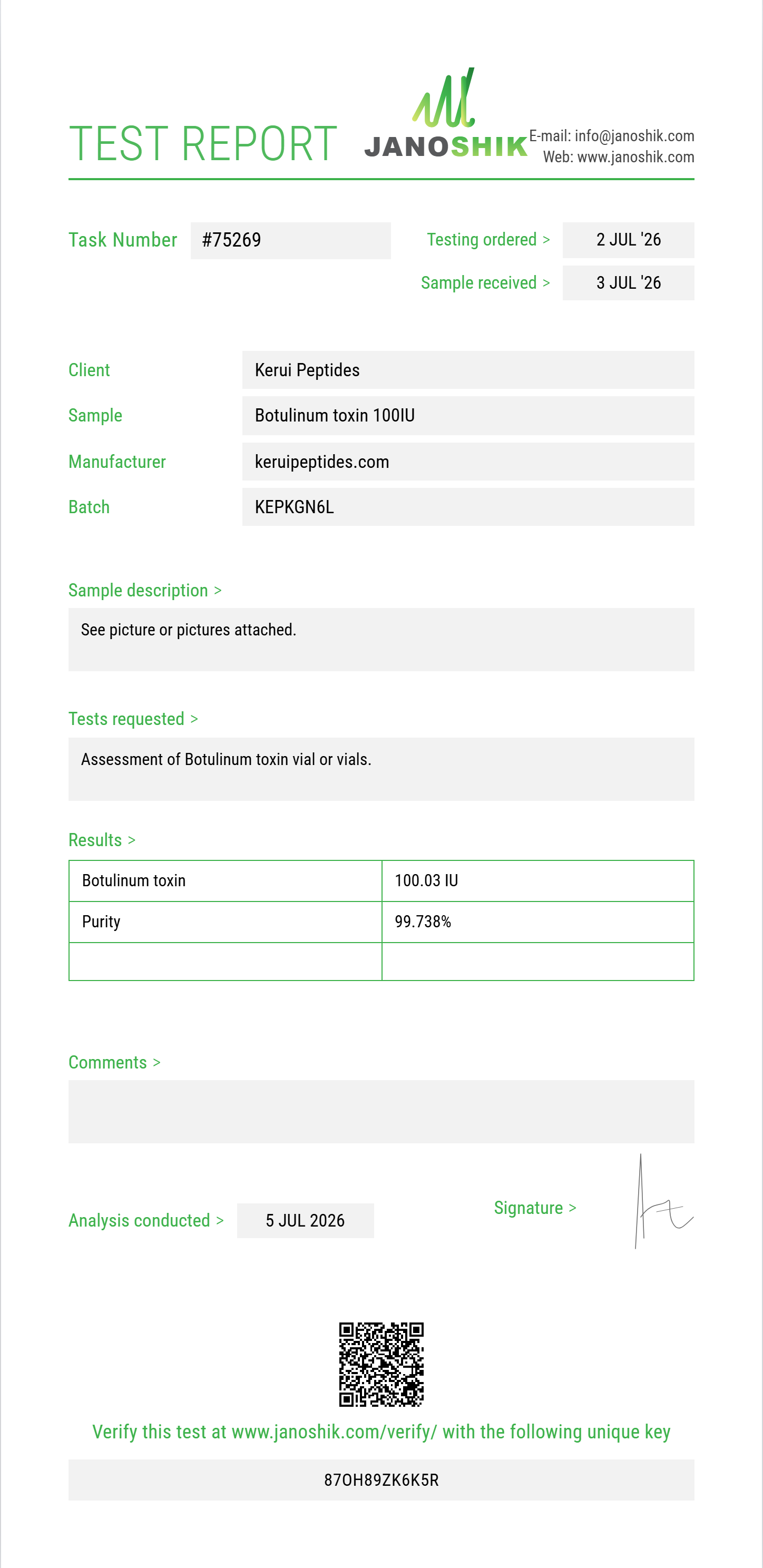 Botulinum toxin Purity (HPLC) report by Janoshik Analytical