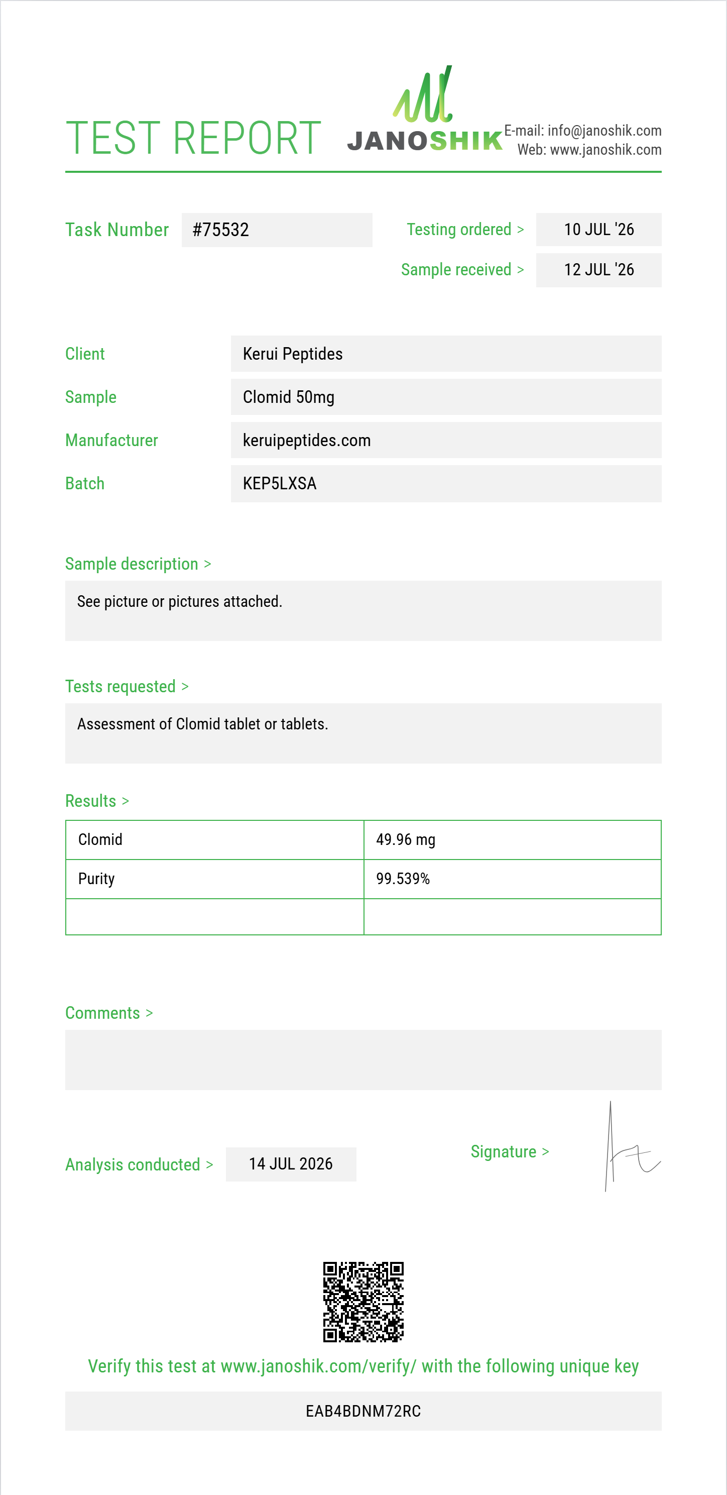 Clomid Purity (HPLC) report by Janoshik Analytical