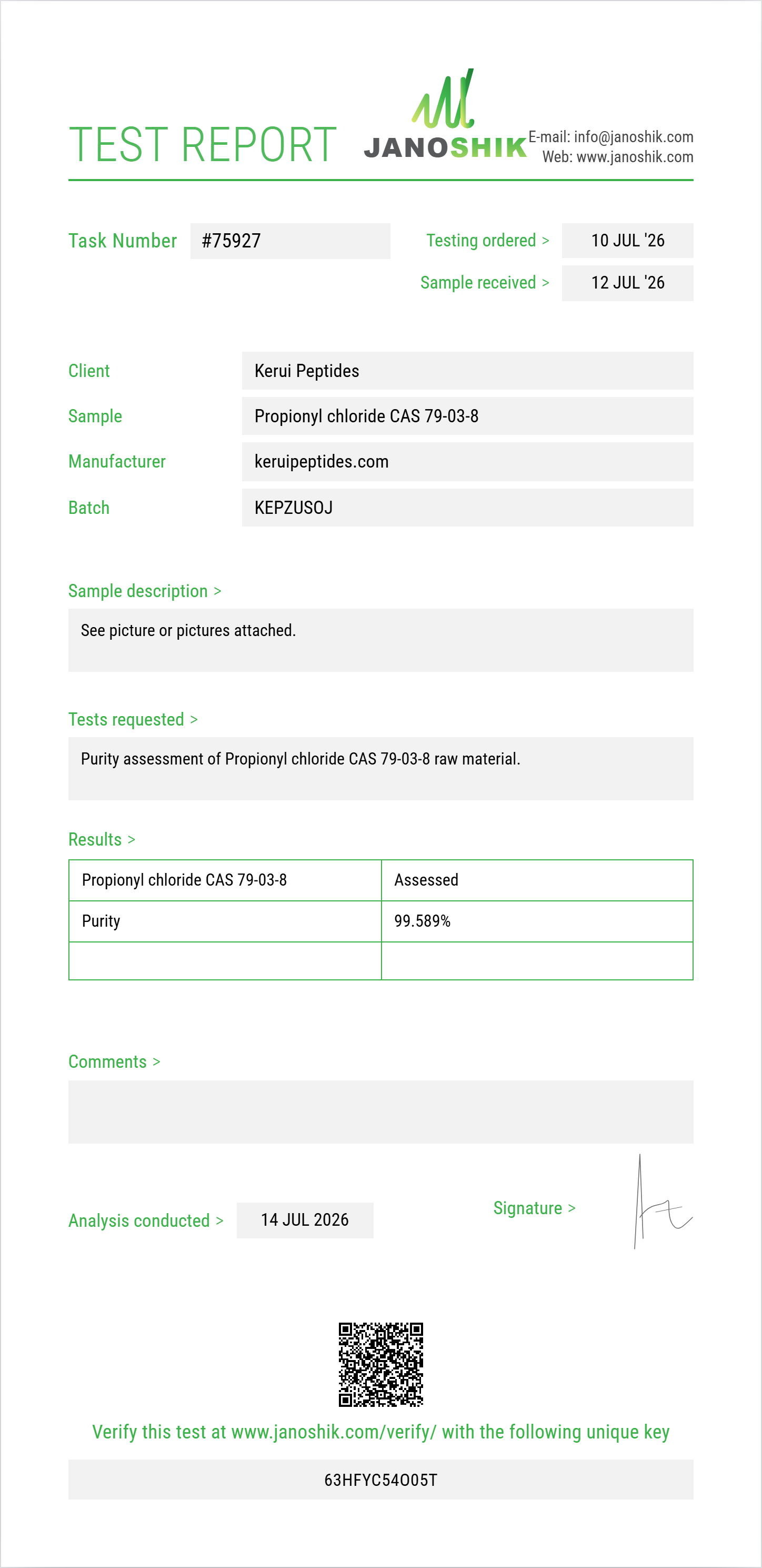 Propionyl chloride CAS 79-03-8 Purity (HPLC) report by Janoshik Analytical