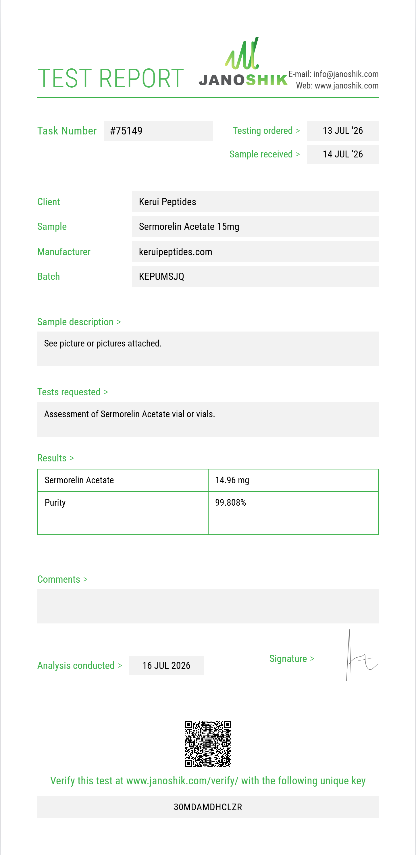 Sermorelin Acetate Purity (HPLC) report by Janoshik Analytical