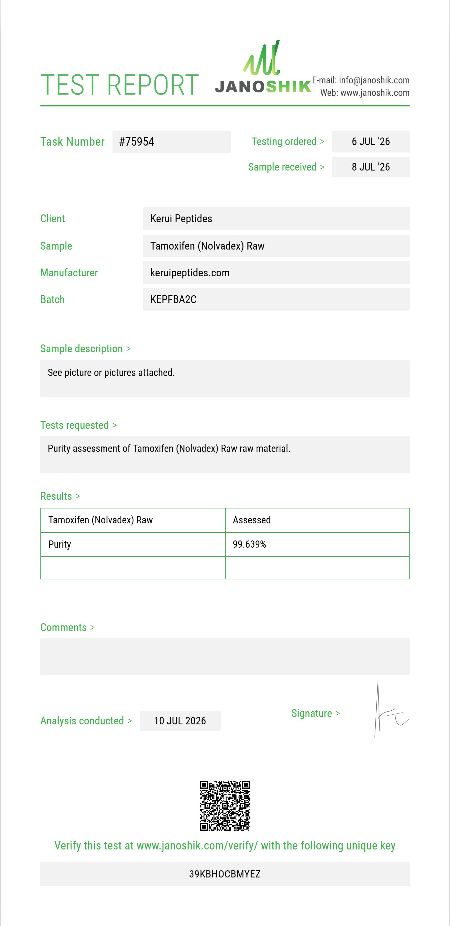 Tamoxifen (Nolvadex) Raw Purity (HPLC) report by Janoshik Analytical