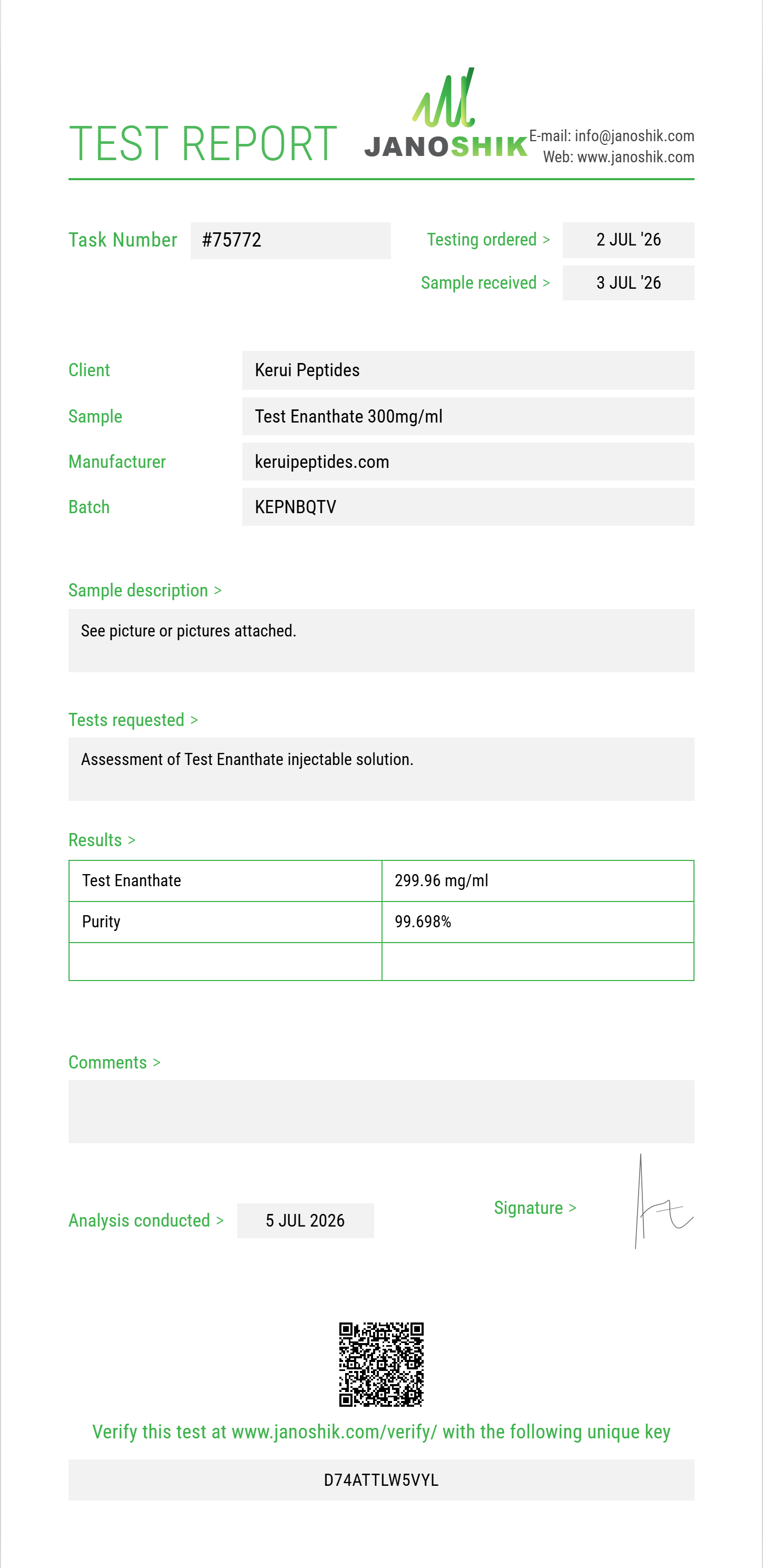Test Enanthate Purity (HPLC) report by Janoshik Analytical